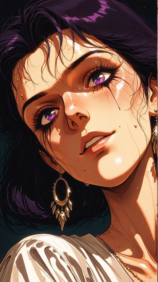 Close-up anime-style portrait of a woman with dark hair and purple eyes looking at the viewer, wearing large gold leaf earrings and a white shirt, with dramatic lighting and sweat on her skin.