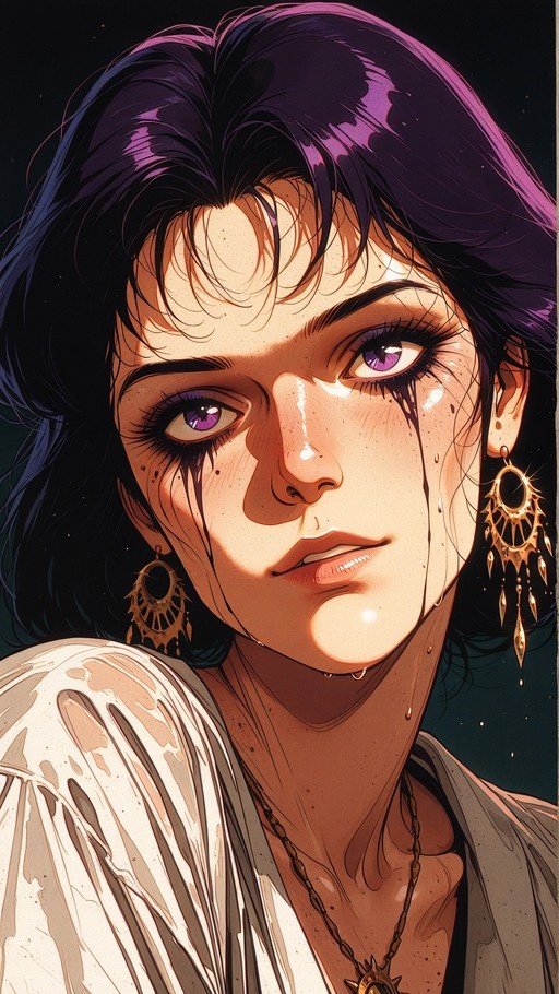 A retro anime-style portrait of a woman with short purple hair and violet eyes. She wears large gold earrings and looks directly at the viewer, her face glistening with moisture against a dark background.