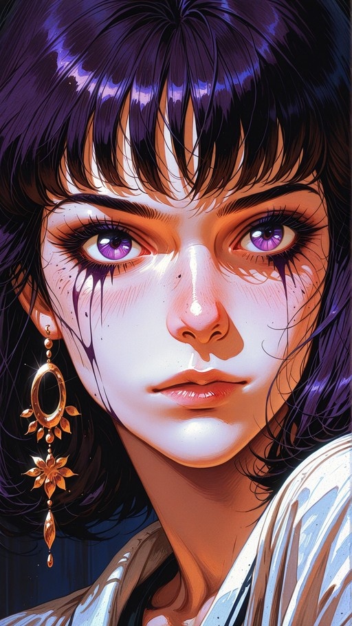 Close-up of an anime girl with short dark hair and purple eyes, wearing gold earrings as black makeup runs down her face like tears.