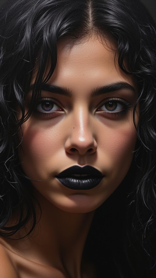 Close-up portrait of a woman with long dark wavy hair, brown eyes, and bold black lipstick.