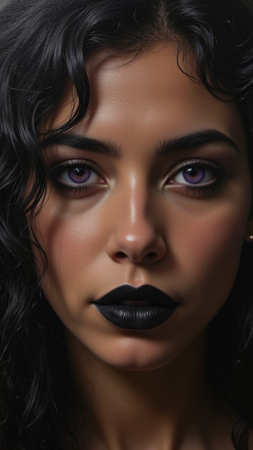 Close-up realistic portrait of a woman with long black hair, violet eyes, and bold matte black lipstick looking directly at the viewer.