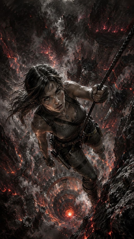A realistic illustration of Lara Croft from Tomb Raider climbing a thick rope down into a deep chasm filled with flowing lava and ancient stone ruins.