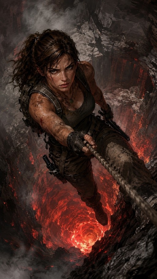 A dirt-covered woman in a tank top and cargo pants climbs a rope out of a deep pit filled with glowing red lava, holding a gun in one hand.
