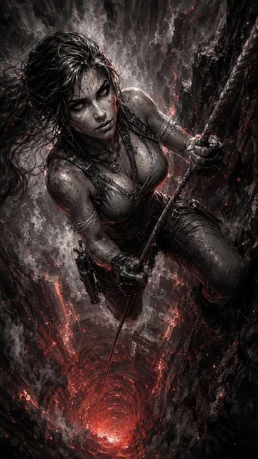 A dirt-covered woman with long dark hair climbs down a rope into a deep cavern illuminated by red lava below. She wears a tank top, fingerless gloves, and carries a gun in her holster.