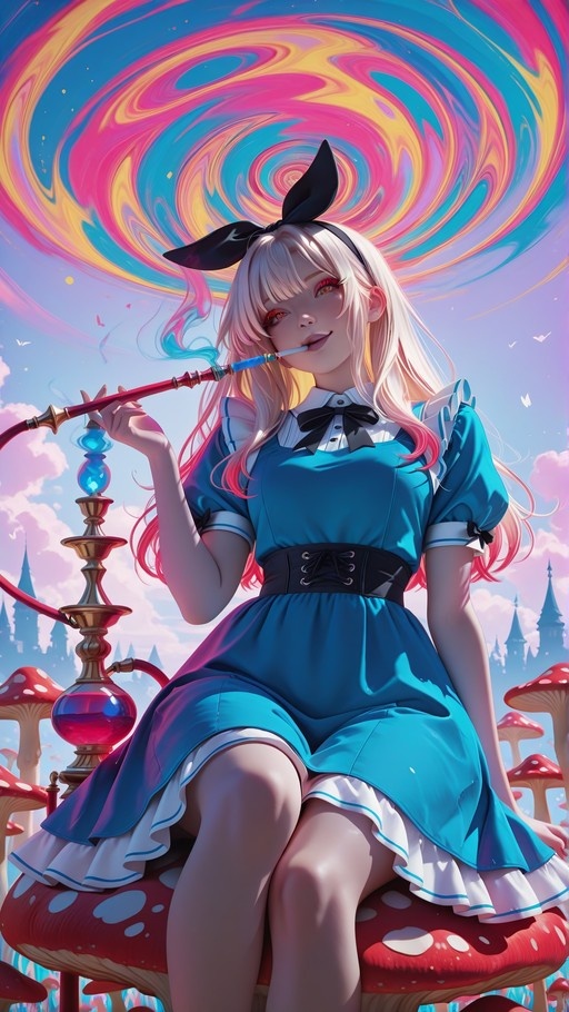 Alice from Alice in Wonderland sitting on a red mushroom smoking a hookah with a colorful swirling sky background