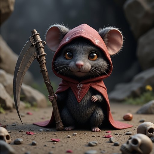 A cute grey mouse dressed as the Grim Reaper in a red hooded cloak holds a wooden scythe amidst scattered skulls and rose petals.