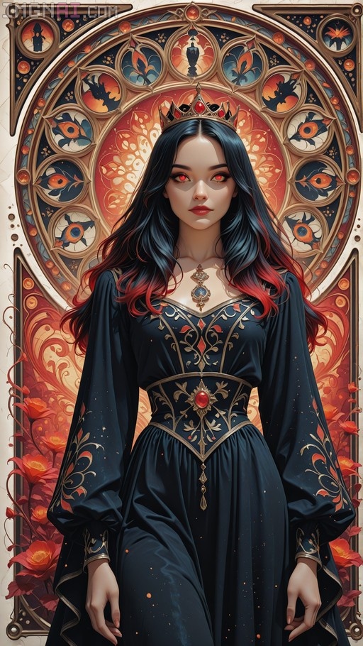 A full-body digital illustration of a demonic queen with long black hair fading to red tips and glowing red eyes. She wears a gold crown and an elaborate dark blue gown with gold trim and a red gemstone, set against a circular Art Nouveau background filled with floral patterns and stylized eyes.