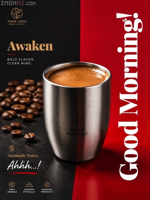 A stainless steel coffee cup filled with coffee sits on a surface next to scattered roasted beans, set against a split black and red background with vertical text reading Good Morning.