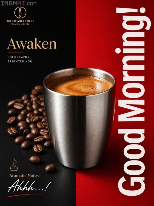 A stainless steel cup filled with coffee sits beside scattered roasted beans on a black surface, set against a split background featuring the large vertical text "Good Morning!" in white on red.