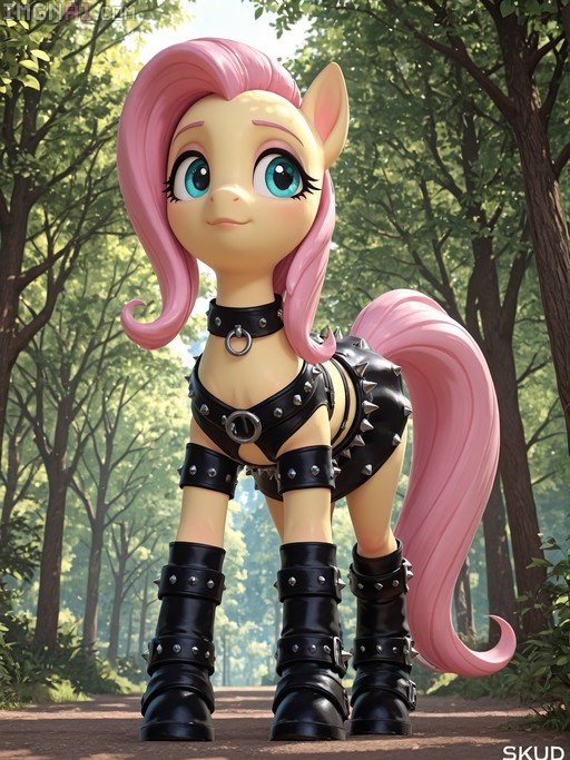 A 3D render of Fluttershy from My Little Pony standing on a forest path wearing black leather gear with spikes and boots.