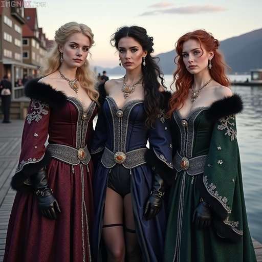 Three women in elaborate burgundy, blue, and green historical gowns with fur trim stand side-by-side on a wooden pier overlooking a harbor.