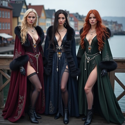Three women in elaborate fantasy gowns with fur capes standing on a wooden dock