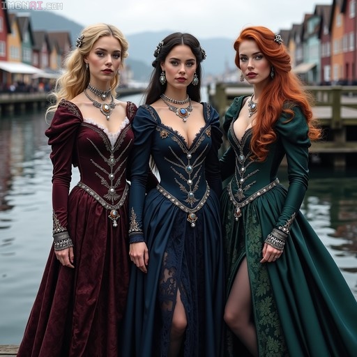 Three women with blonde, brunette, and red hair in ornate historical gowns standing on a wooden pier with colorful buildings behind them.