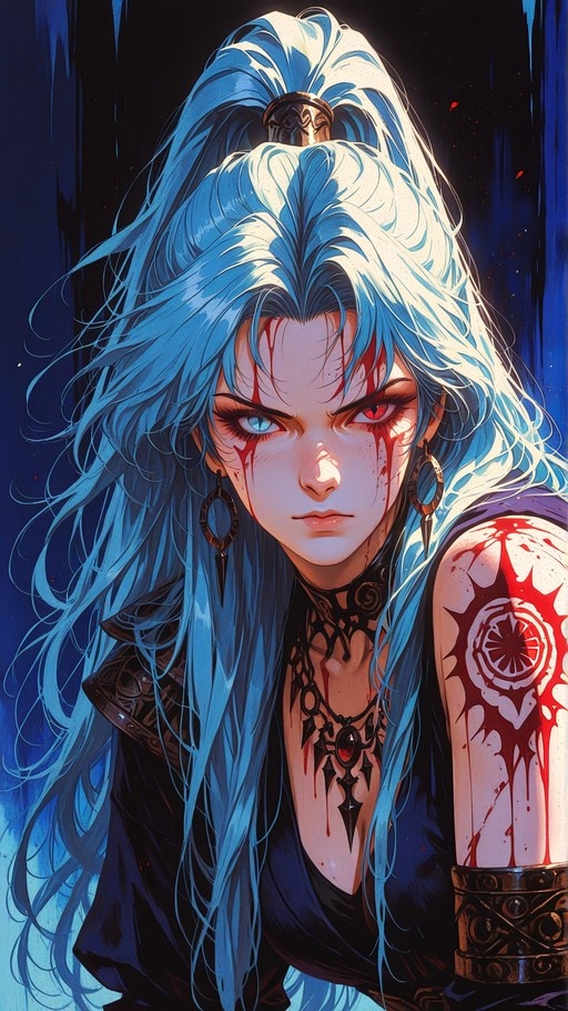 A digital illustration of a woman with long blue hair in a high ponytail, featuring heterochromia eyes with blood dripping from them. She has a red sunburst tattoo on her shoulder and wears ornate jewelry against a dark blue background.