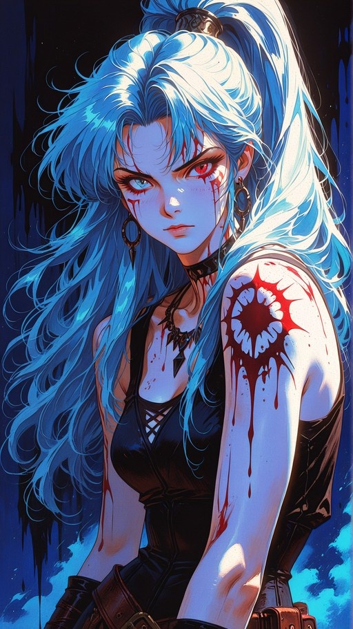 A blue-haired anime woman with heterochromia and blood dripping from her eyes looks at the viewer.