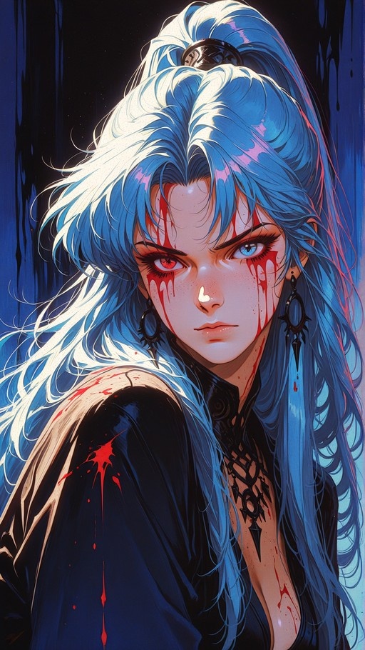 Anime-style woman with long blue hair and heterochromia, blood dripping from her eyes.
