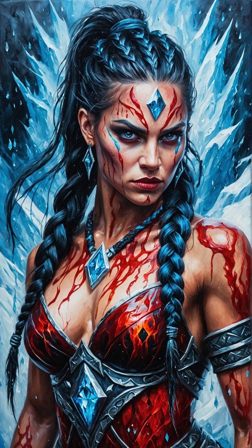 A realistic digital painting of a dark-skinned female warrior with long black braided hair and blue eyes, wearing red armor with large blue gemstones on her forehead and chest, covered in blood splatters against an icy background.