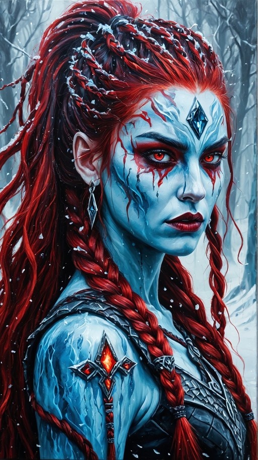 A blue-skinned woman with red braided hair and a forehead gem stands in the snow, wearing dark armor with glowing red accents.