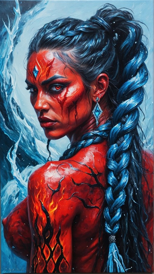 A digital painting of a red-skinned woman with long blue braided hair and a diamond forehead gem, featuring fire motifs on her shoulder against an icy background.