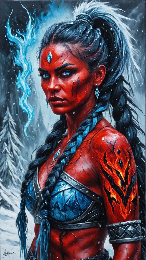 A red-skinned fantasy warrior woman with blue eyes and braided hair stands in a snowy forest wearing blue armor and displaying a flame tattoo on her arm.