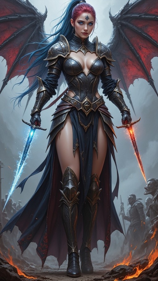 A female fantasy warrior with large red and black bat wings stands holding a glowing blue sword in one hand and a fiery orange sword in the other, wearing detailed dark armor.
