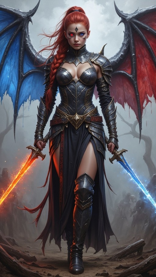 Red-haired fantasy warrior with heterochromia holding glowing fire and ice swords, wearing dark armor and large blue and red demon wings.