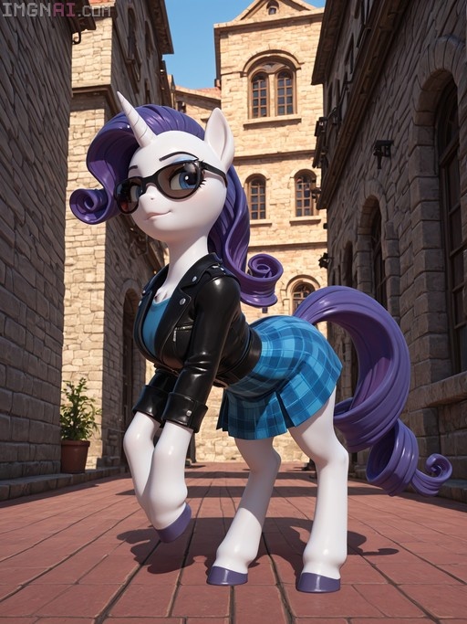 A white unicorn pony with purple hair wearing a black leather jacket and blue plaid skirt stands in a sunny stone alleyway.