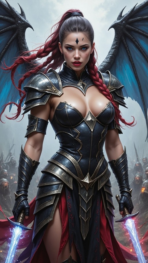 A female fantasy warrior with large dark wings and long red hair stands in black armor holding two glowing blue swords.