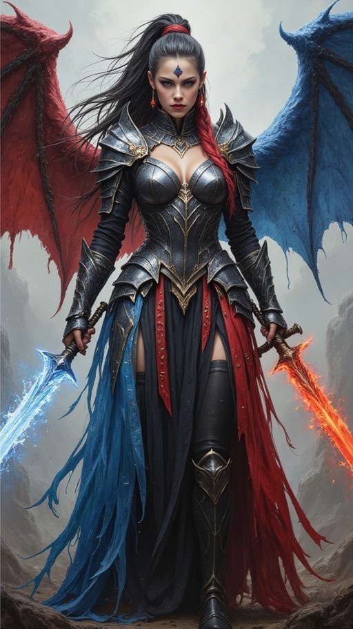 A full-body portrait of a fantasy warrior woman with large red and blue wings, wearing black and gold armor and holding a glowing blue sword and a flaming sword.