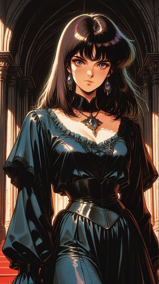A young woman with long black hair and blue eyes wearing a dark laced dress and blue gemstone jewelry stands in a sunlit arched hallway in a retro anime art style.