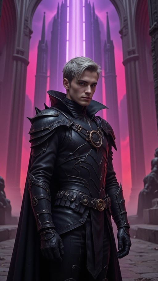 A young man with short white hair and blue eyes wearing intricate black leather armor and a cape stands in front of a stone archway with tall spires visible against a pink and purple sky.