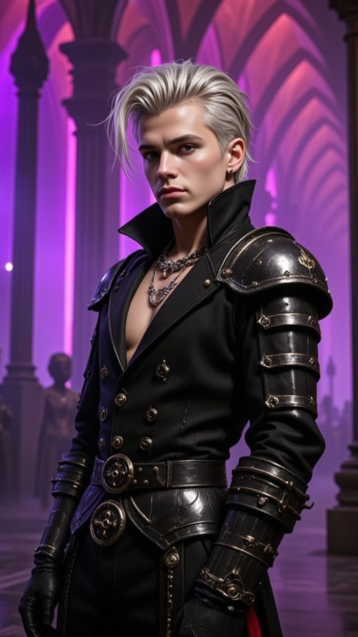 A young man with slicked-back silver hair wearing a black coat and shoulder armor standing in a purple hall.
