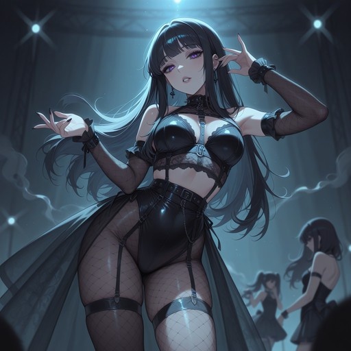 An anime-style illustration of a woman with long black hair and purple eyes performing on a stage in a black latex outfit with fishnet stockings.