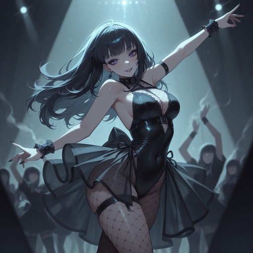 An anime girl with long black hair and purple eyes dances on a stage under spotlights, wearing a shiny black leotard and fishnet stockings.