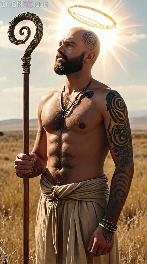 A digital illustration of Saint Nerius from Ars Magica, a bald muscular man with a beard and spiral tattoos on his head and arm, wearing a waist cloth and holding an ornate staff under a glowing golden halo in a field.