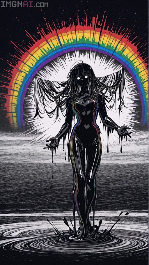 A full-body digital painting of a female figure made of dripping black liquid standing in a pool, with long hair and blank white eyes, wearing a black bodysuit with rainbow streaks under a large rainbow arch.