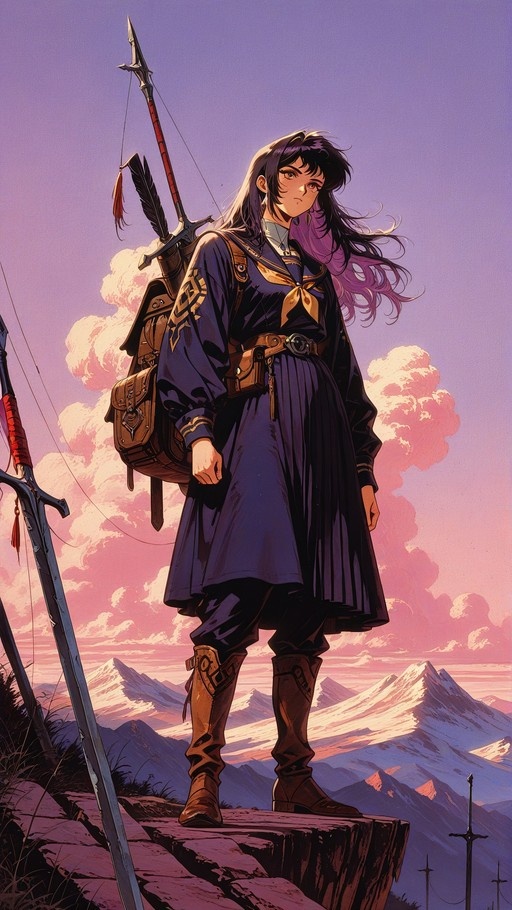 An anime-style illustration of a young woman with long dark hair fading to purple, wearing a blue sailor uniform and brown boots, standing on a cliff edge with a bow and arrows on her back, surrounded by planted swords against a mountainous sunset backdrop.