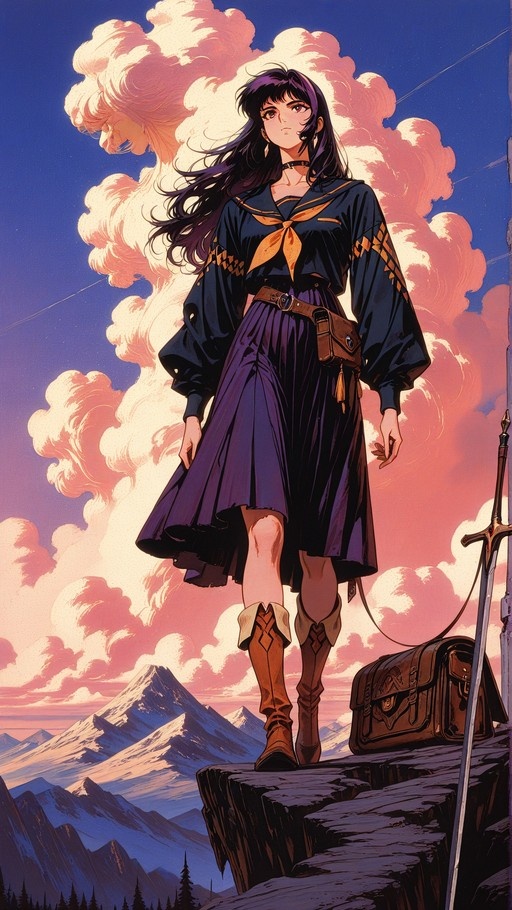 A full-body illustration of a dark-haired anime girl in a sailor uniform standing on a rocky cliff with a planted sword and satchel, set against snow-capped mountains and pink clouds.