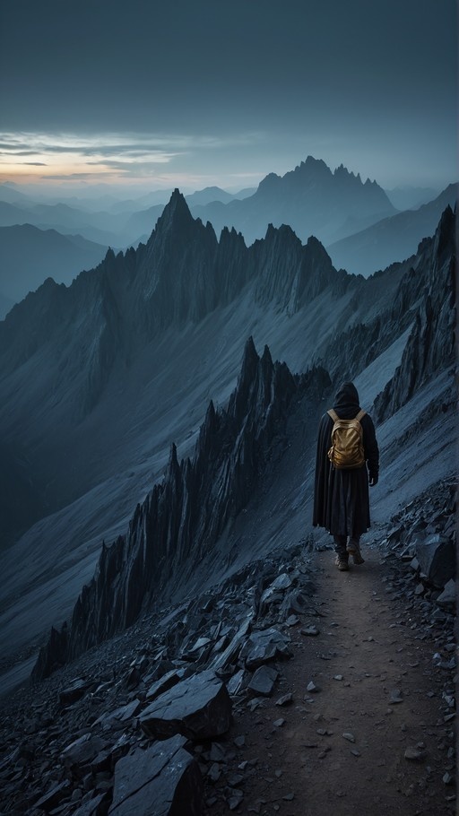 A hooded figure carrying a golden backpack walks along a rocky mountain path overlooking jagged peaks during twilight.