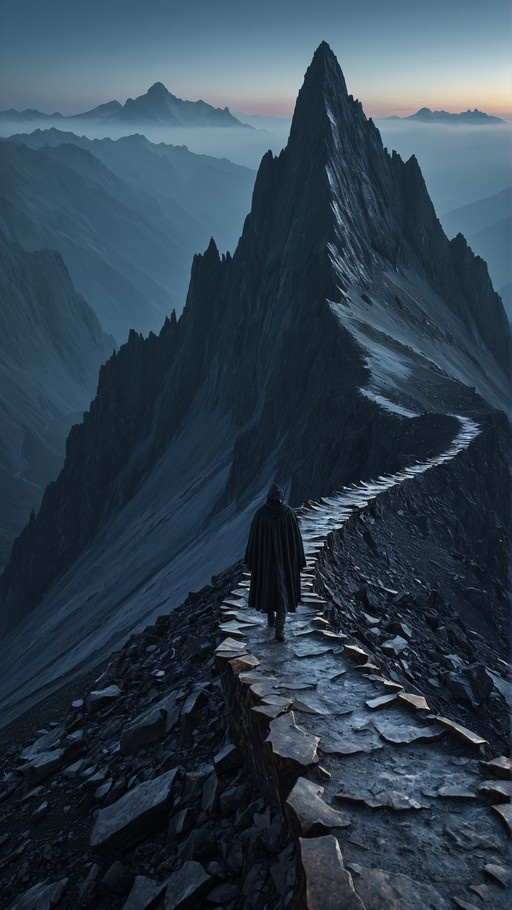 A lone figure in a black cloak walks along a narrow stone ridge path towards towering jagged mountains shrouded in mist.