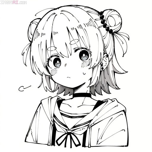 A black and white sketch of an anime girl with double buns wearing a sailor collar and choker, looking at the viewer with a blush.