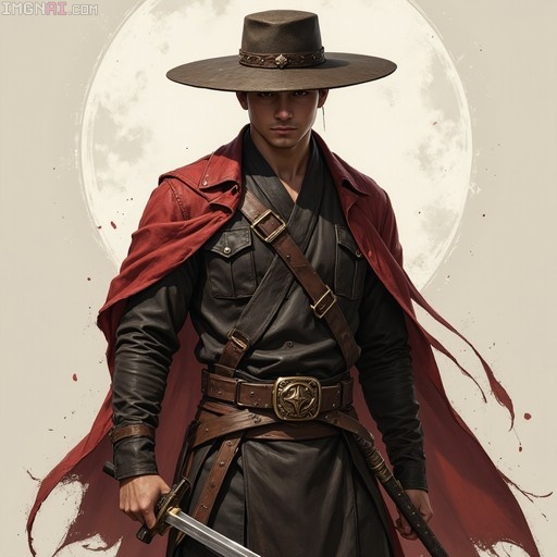 A realistic digital illustration of a cowboy samurai with dark skin wearing a wide-brimmed hat and red cape, holding a sword and scabbard in front of a large full moon.