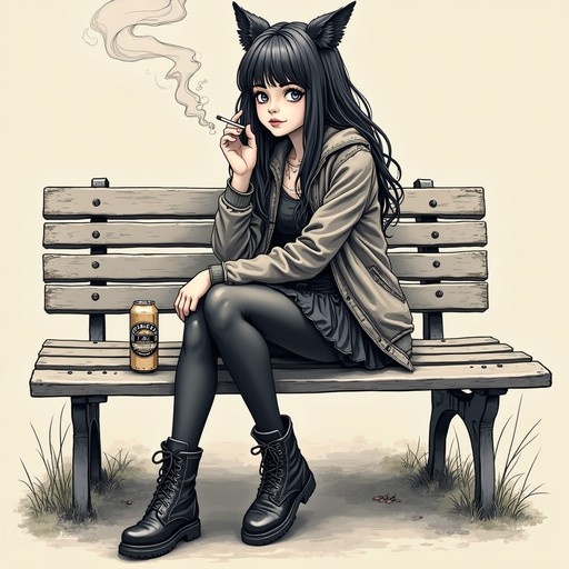Anime style girl with cat ears sitting on a wooden bench smoking a cigarette next to a drink can.