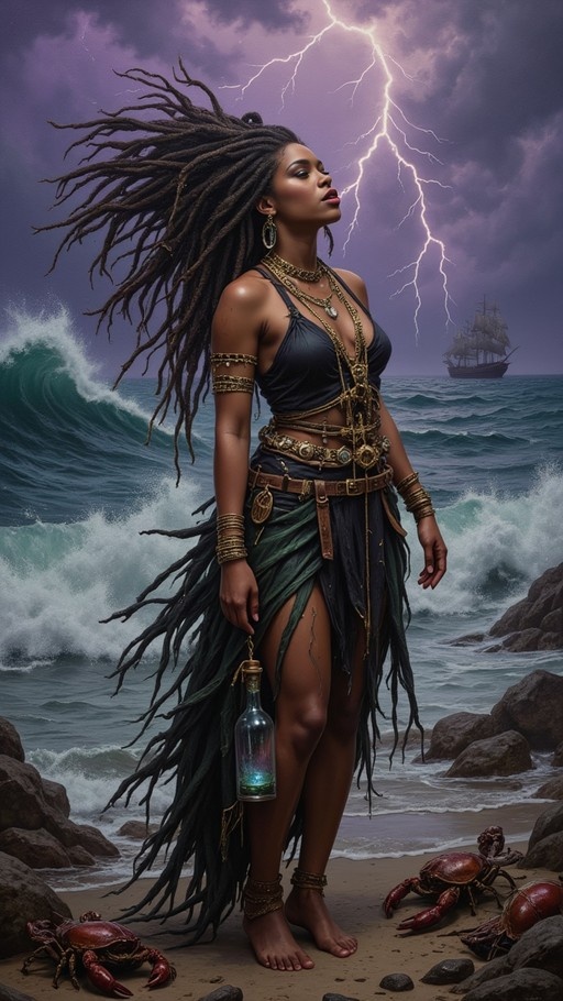 A dark-skinned woman with dreadlocks stands on a rocky beach holding a glowing bottle, with crabs at her feet and lightning in the stormy sky.