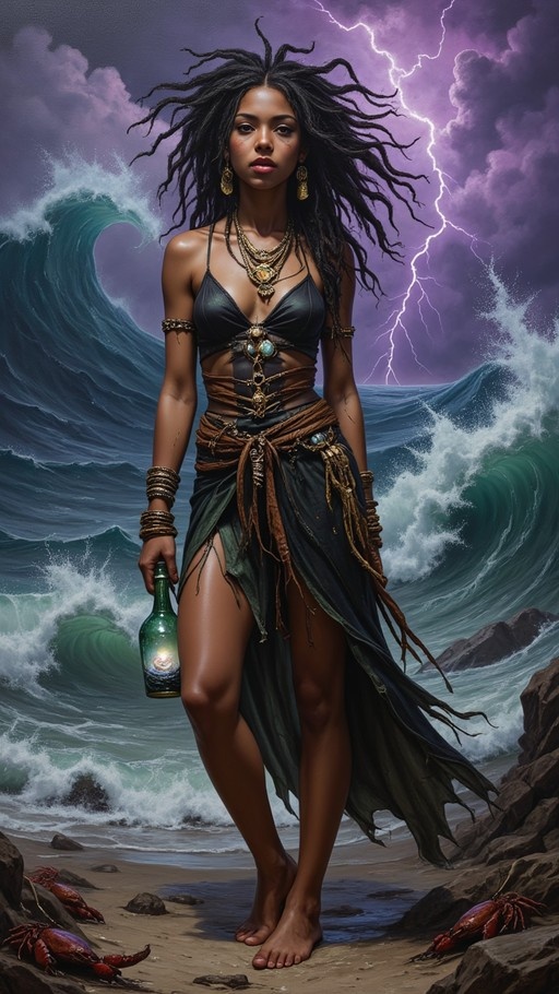 A dark-skinned woman with wild black hair stands on a stormy beach holding a glowing green bottle, surrounded by crashing waves and crabs.