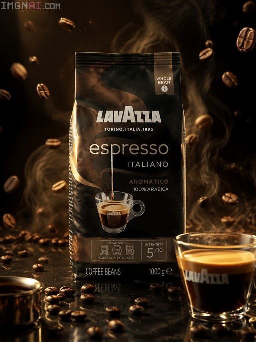 A bag of Lavazza Espresso Italiano whole bean coffee stands beside a glass cup of espresso, surrounded by scattered roasted beans and rising steam against a dark background.