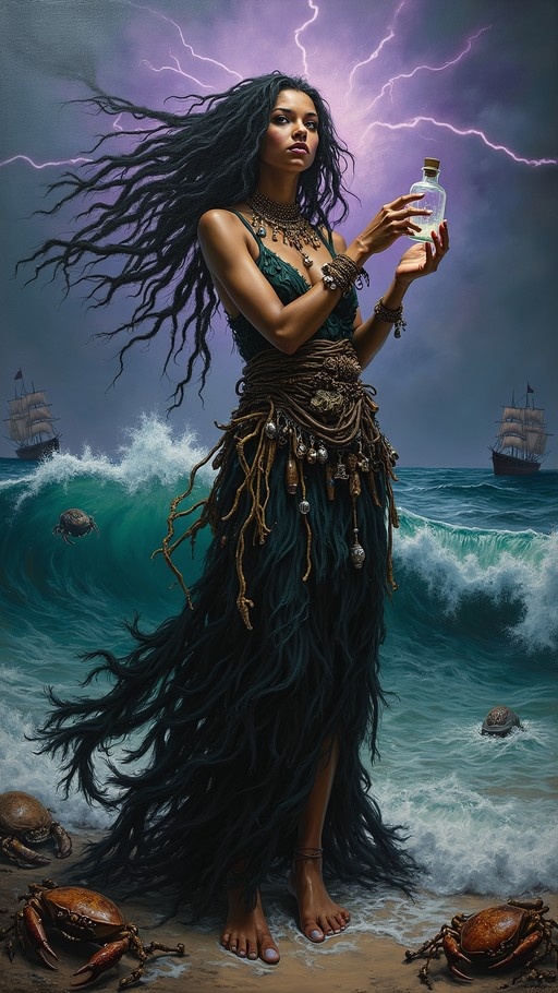 A dark-skinned woman with long black hair stands barefoot on a sandy beach holding a glass bottle while crabs crawl nearby and lightning strikes over the ocean.