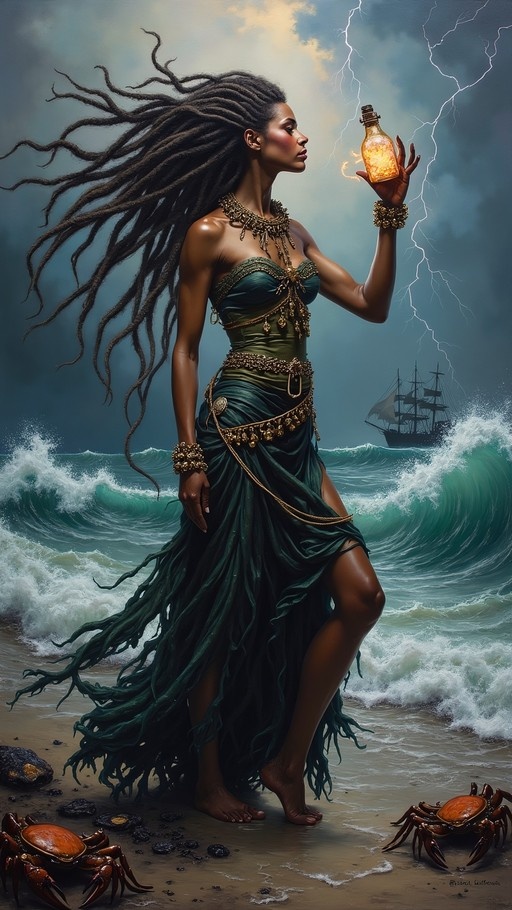 A dark-skinned woman with long dreadlocks stands barefoot on a stormy beach holding a glowing bottle, wearing a green dress and gold jewelry with crabs nearby.