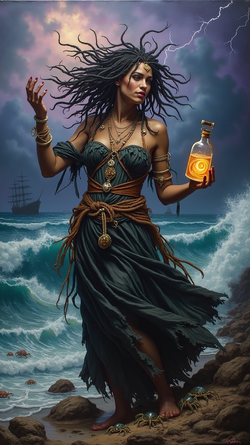 A dark-skinned woman with wild black hair stands barefoot on a rocky shore during a thunderstorm, holding a glass bottle filled with glowing orange liquid while waves crash behind her.