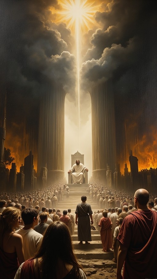 A bearded figure in a white robe sits on a throne under a bright beam of light while a large crowd watches in an ancient setting with fire and pillars.